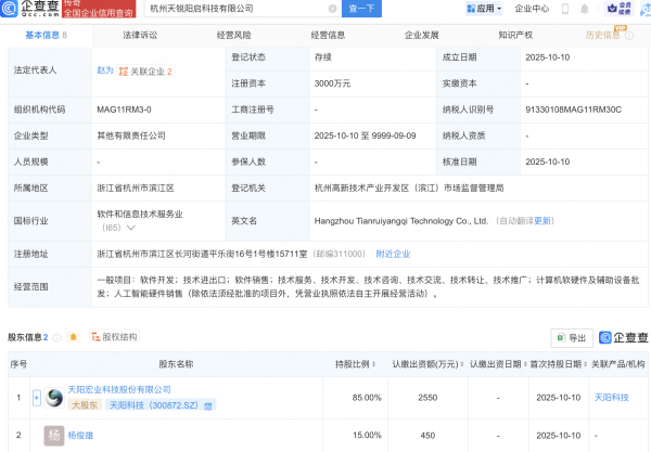 新宝配资 天阳科技等成立新公司，含AI业务
